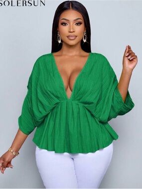 SHEIN Women's Deep V-Neck Green Peplum Top